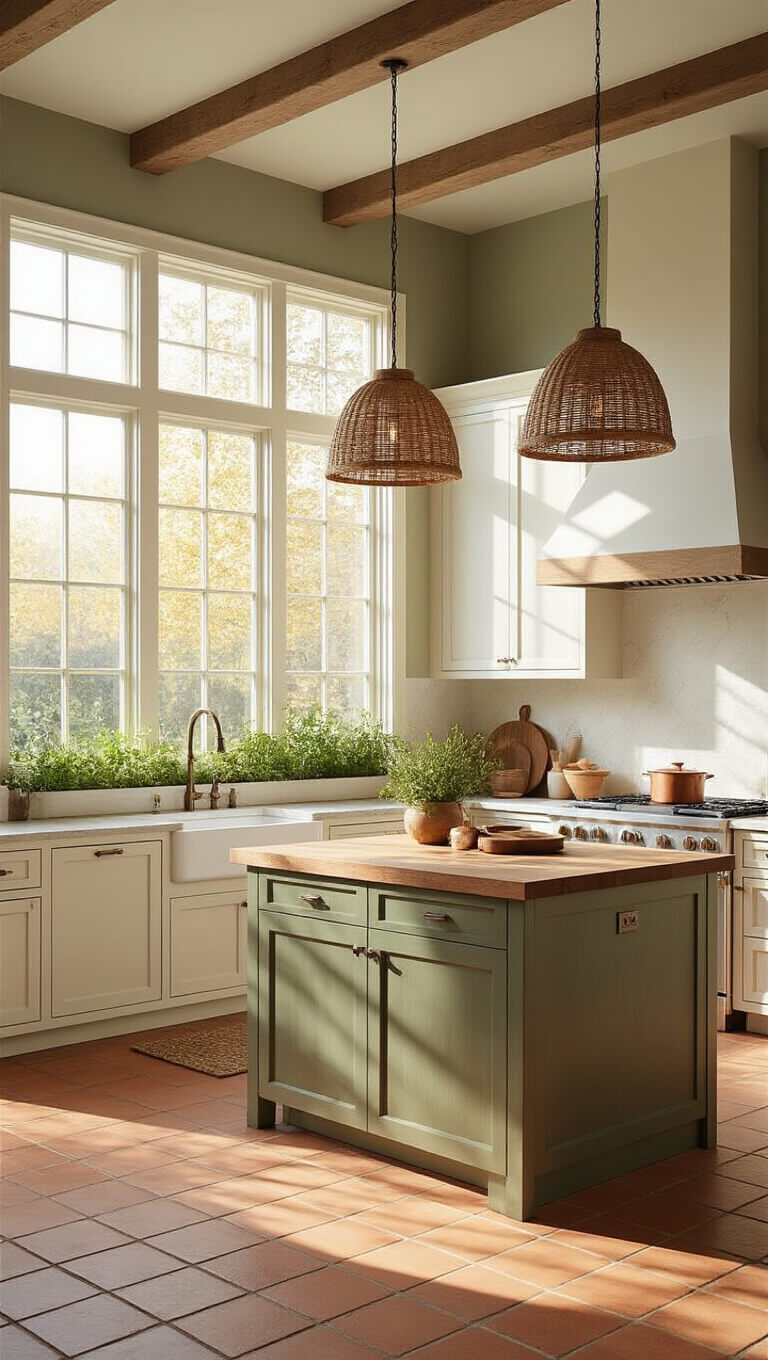 Sunlit earthy kitchen with white oak cabinets, live-edge island, terracotta floors, and morning light streaming through east-facing windows.