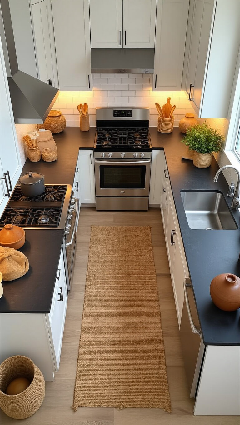 Modern 12x18ft kitchen with stainless steel work triangle, white oak cabinets, dark soapstone counters, and warm under-cabinet lighting during blue hour.