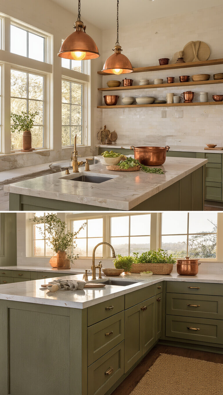 Dusk-lit kitchen with layered lighting, warm pendant lights over island, under-cabinet LEDs on quartzite counters, and fading natural light; features olive green cabinets, wood shelves, and copper and ceramic accents.