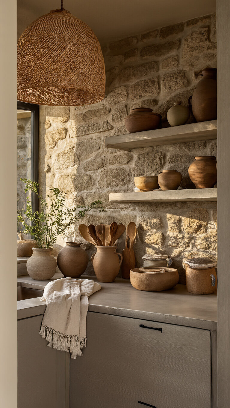 Cozy 6x8ft kitchen nook at golden hour with stone backsplash, matte cabinets, woven pendant light, handmade pottery, and natural decor in rich browns and greens.