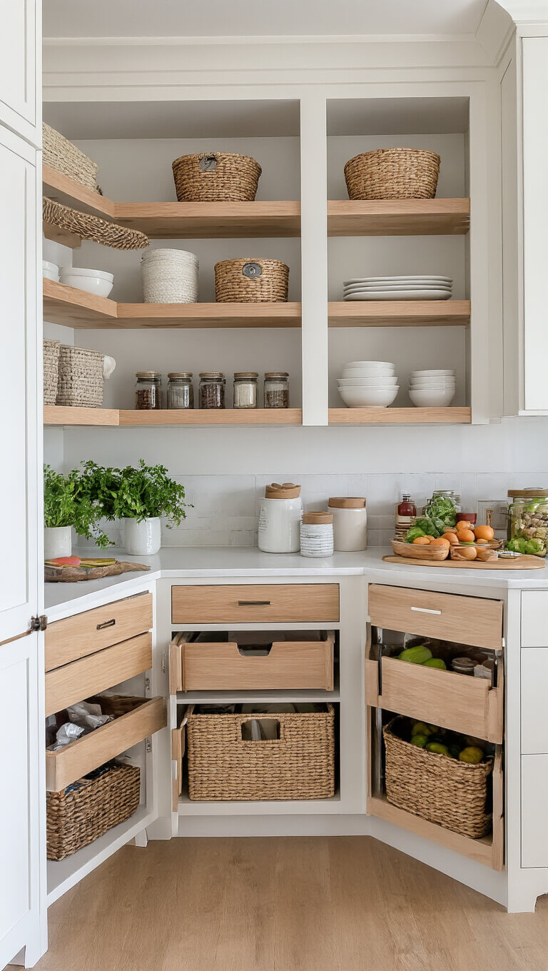 Wide-angle view of 16x20ft kitchen with custom white oak pantry, pull-out drawers, open shelving, woven produce baskets, and organized kitchen essentials in natural and soft lighting.