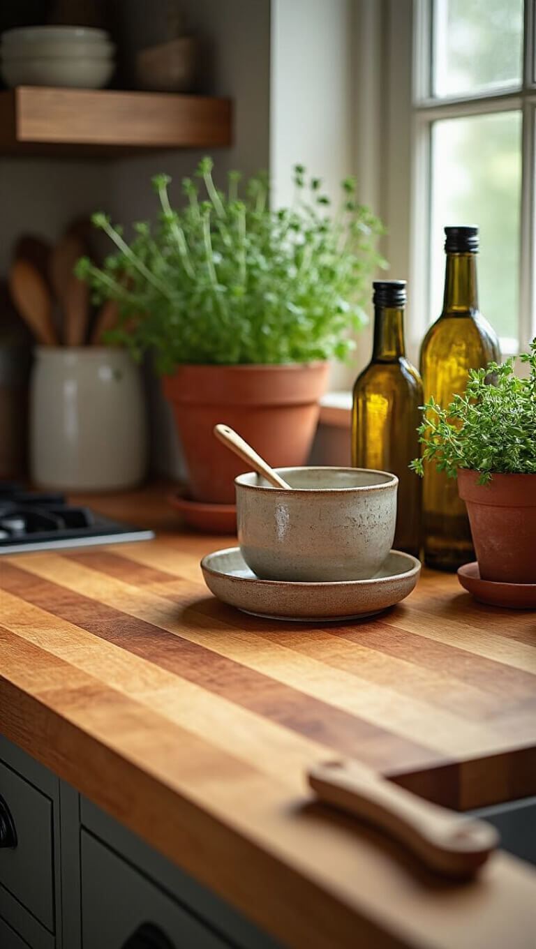Close-up of freshly oiled butcher block countertop with ceramic spoon rest, olive oil bottles, and potted herbs in natural light.