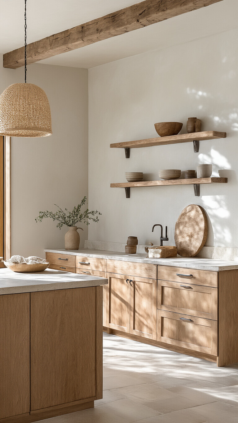 Mid-range angled view of a 10x12ft kitchen corner featuring harmonious natural materials—three wood tones in cabinets and shelves, textured honed stone countertops, and a woven light fixture casting organic shadows.