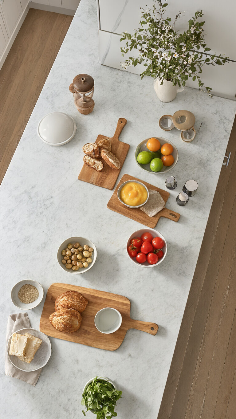 Overhead view of a marble kitchen island with breakfast prep items, including cutting boards, ceramic bowls, and colorful fresh produce in soft natural light.
