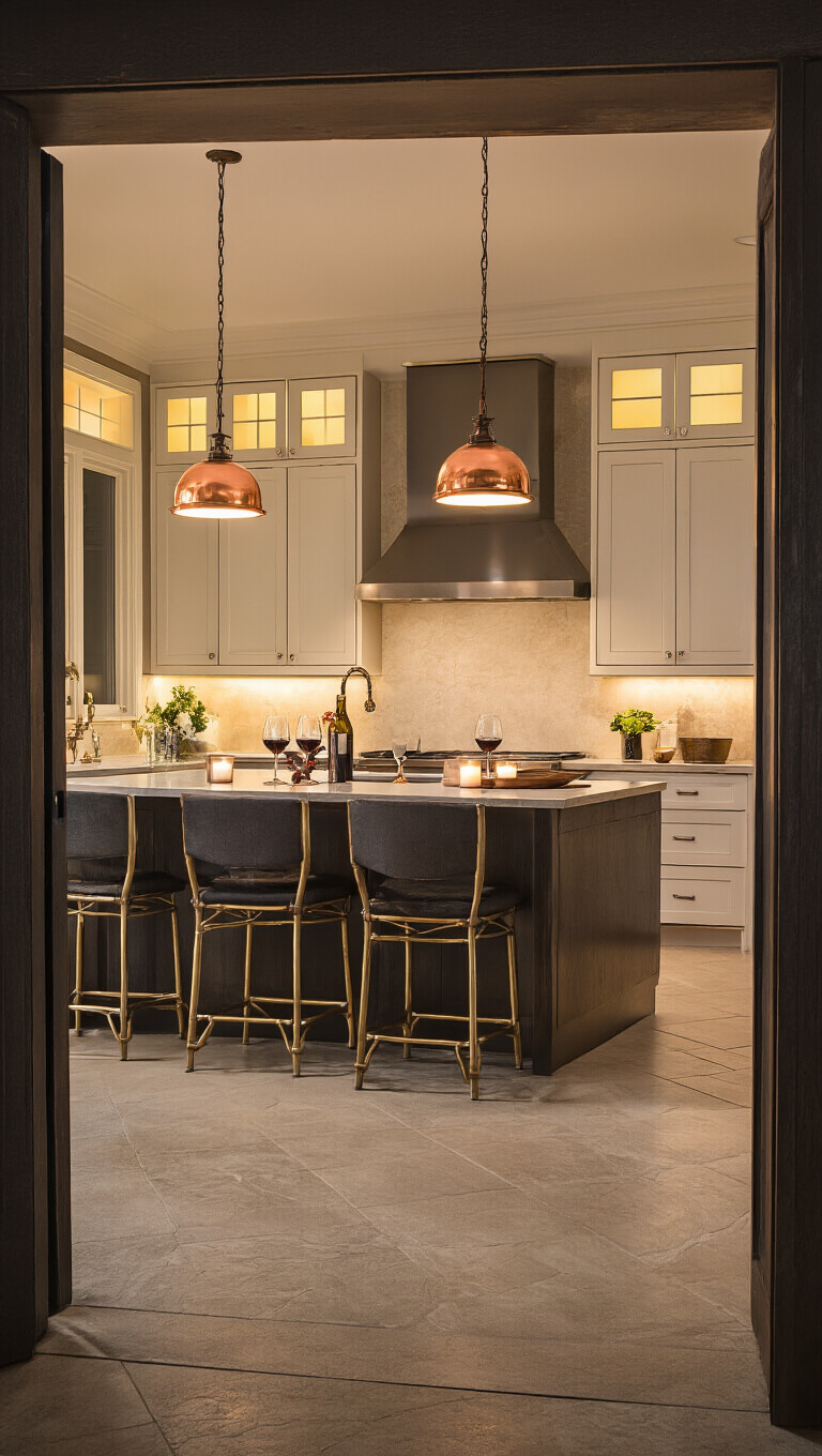 Twilight view of a 15x18ft kitchen with warm pendant and under-cabinet lighting, copper and brass accents, and evening entertaining setup with wine glasses and candles.