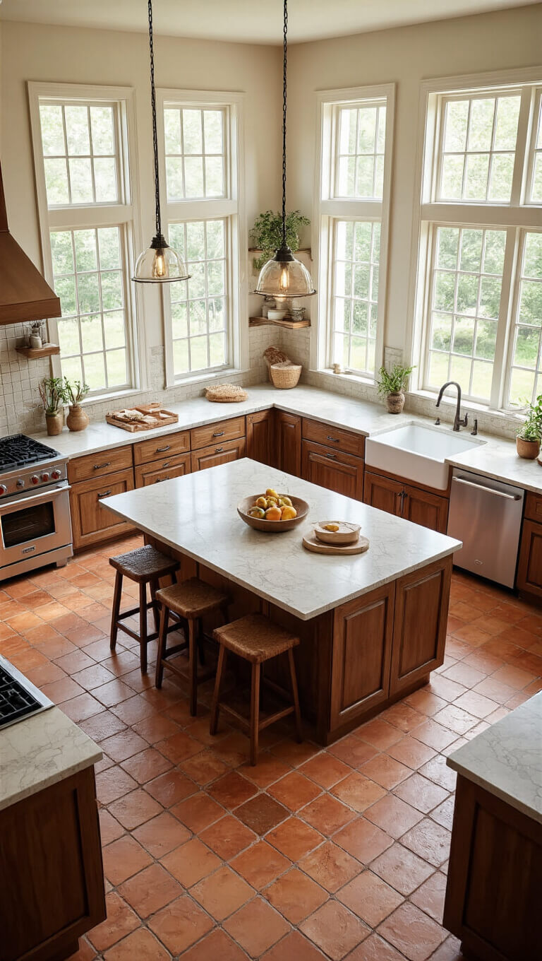 Wide-angle view of spacious open-concept kitchen with central island, terracotta floor tiles, ample natural light, and visible circulation paths.