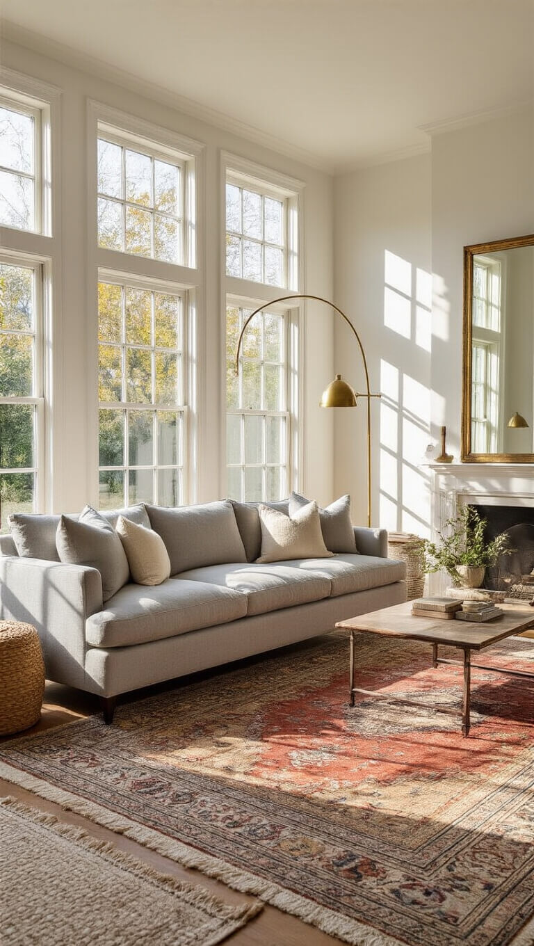 Sunlit living room with grey linen sofa angled near west-facing windows, layered Persian and jute rugs, brass floor lamp, and mirrors reflecting golden hour light.