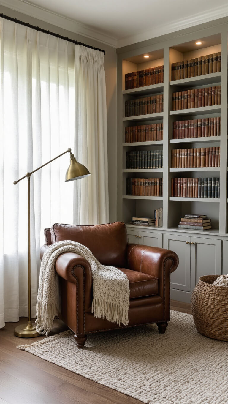 Cozy 12x14ft reading nook with greige floor-to-ceiling bookshelves, leather armchair, brass floor lamp, color-organized books, and soft morning light through sheer curtains.