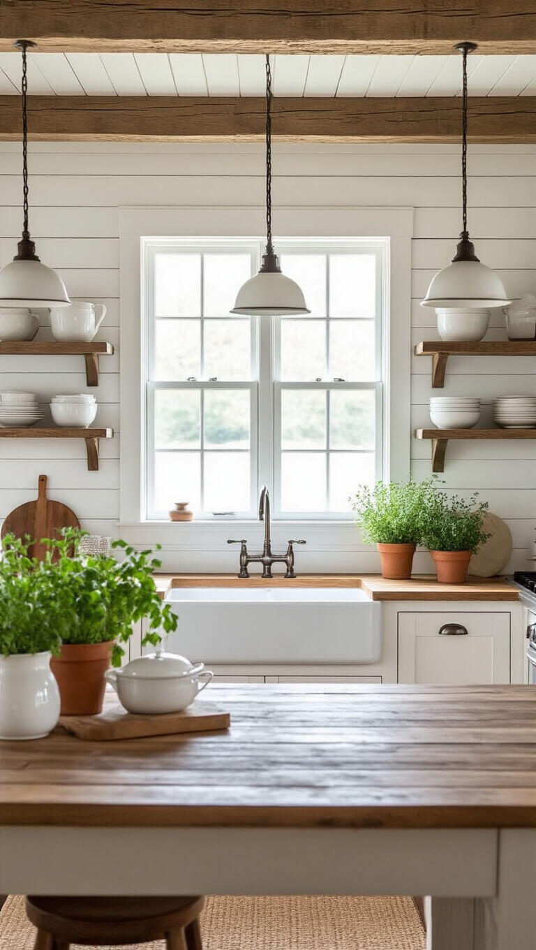 Modern farmhouse kitchen with white shiplap walls, wood beams, farmhouse sink under window, vintage pendant lights over reclaimed wood island, open shelves displaying white pottery and copper cookware, and potted herbs adding a natural touch.