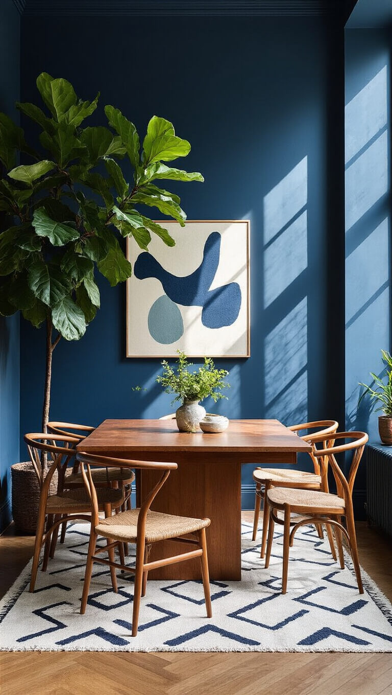 Bird's-eye view of eclectic 14x16ft dining room with deep navy statement wall, vintage teak table on geometric rug, mixed chairs, abstract art, and dramatic afternoon light casting shadows through fiddle leaf fig tree.