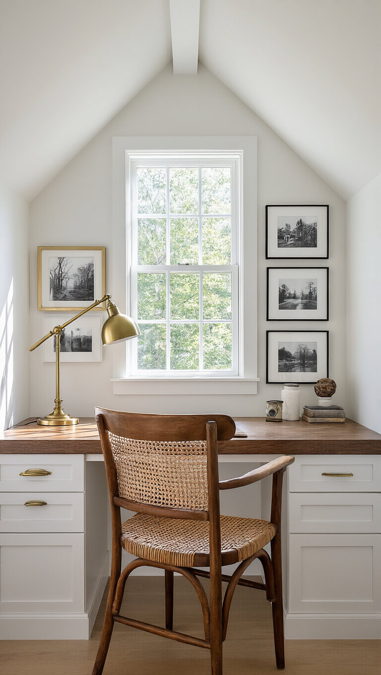 Cozy 10x12ft home office nook with built-in desk beneath dormer window, afternoon light casting shadows on Alabaster walls, vintage wooden chair with woven leather seat, gallery wall of black and white photos, brass task lamp, and curated desk objects.