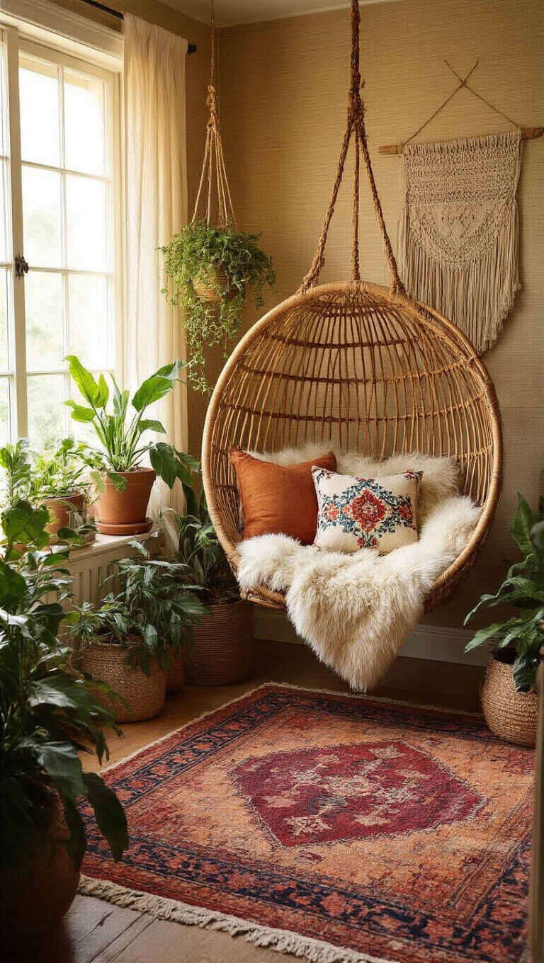 Bohemian living room corner with rattan hanging chair, layered vintage rugs, potted plants, and macramé wall hanging in warm golden hour light.