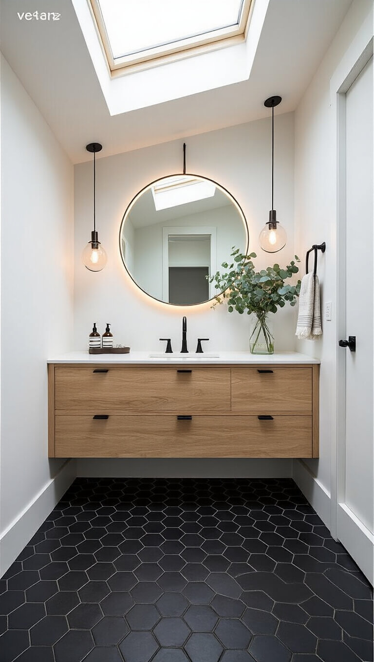 High-angle view of a modern 8x10ft bathroom with dramatic black hexagon floor tiles, floating wooden vanity with matte black fixtures, round LED mirror, and skylight lighting.