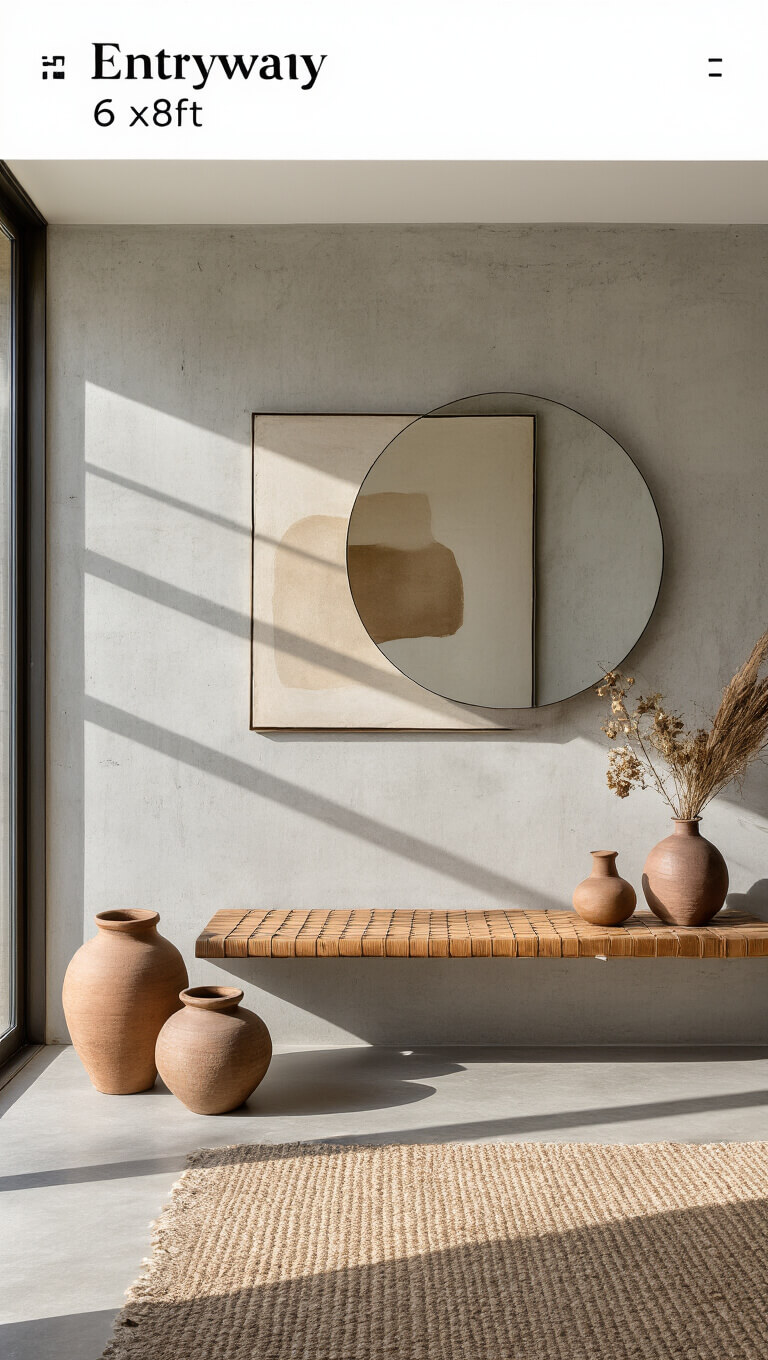 Minimalist 6x8ft entryway with architectural concrete wall, floating wooden bench with woven leather cushion, oversized circular mirror, earth-toned artwork, and ceramic vessels with dried botanicals in morning light.