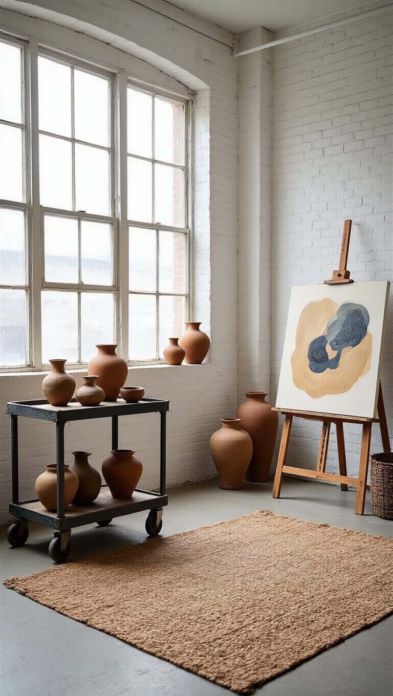 Artist’s studio corner with easel, abstract canvas, ceramic vessels, vintage cart side table, and natural fiber rug on concrete floor, lit by north-facing windows.
