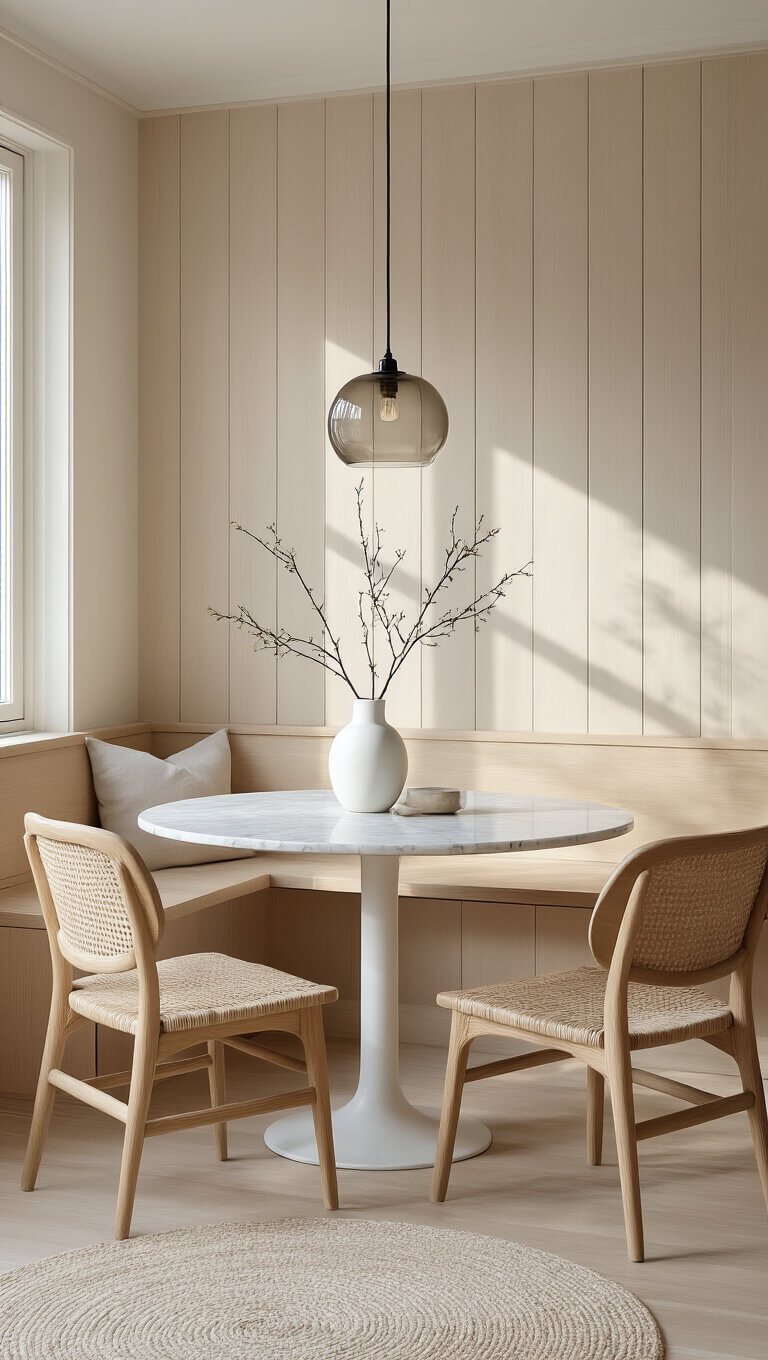 Scandinavian-style dining nook with round marble table, mixed chairs, blonde wood accent wall, and soft morning light.