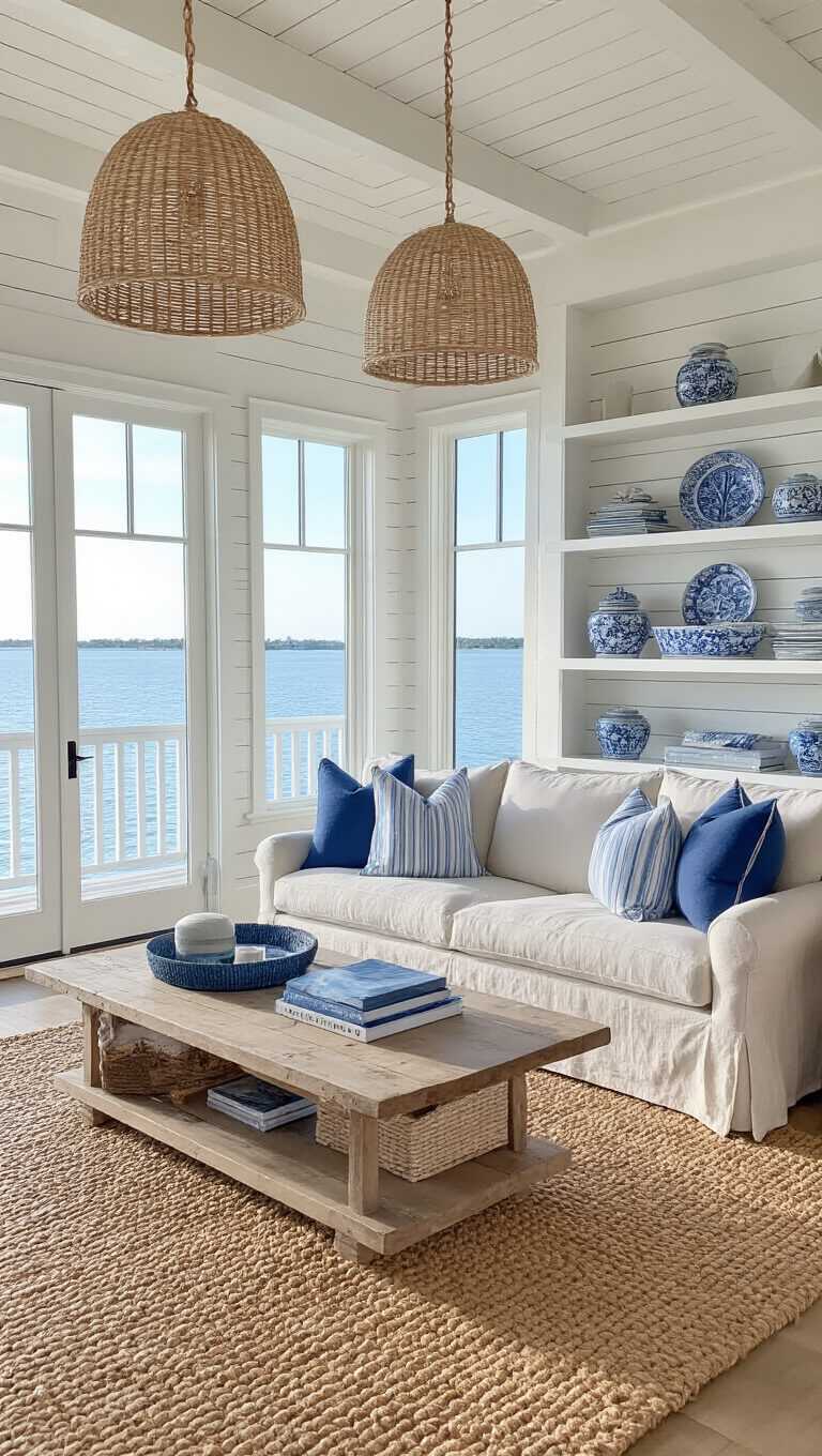 Coastal living room with natural linen slipcovered sofa, blue striped pillows, layered jute and seagrass rugs, blue and white ceramics on floating shelves, woven pendant lights, shiplap ceiling, and late afternoon water views.
