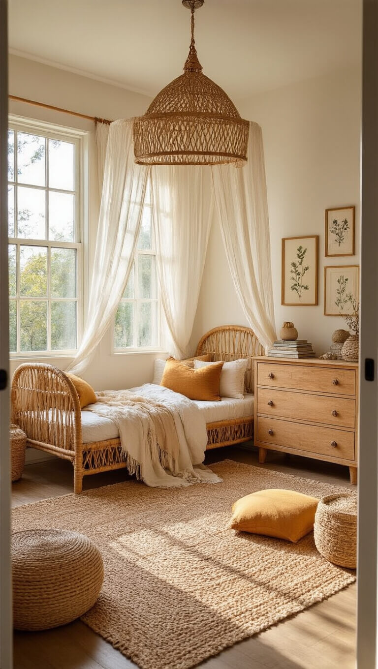 Boho kids' bedroom with rattan canopy bed, natural light, macramé curtains, layered rugs, and cozy reading nook with floor cushions.