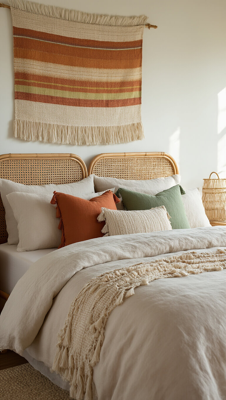Close-up of layered linen bedding with textured pillows and fringe in morning light, framed by rattan headboard and sunset-colored tapestry.