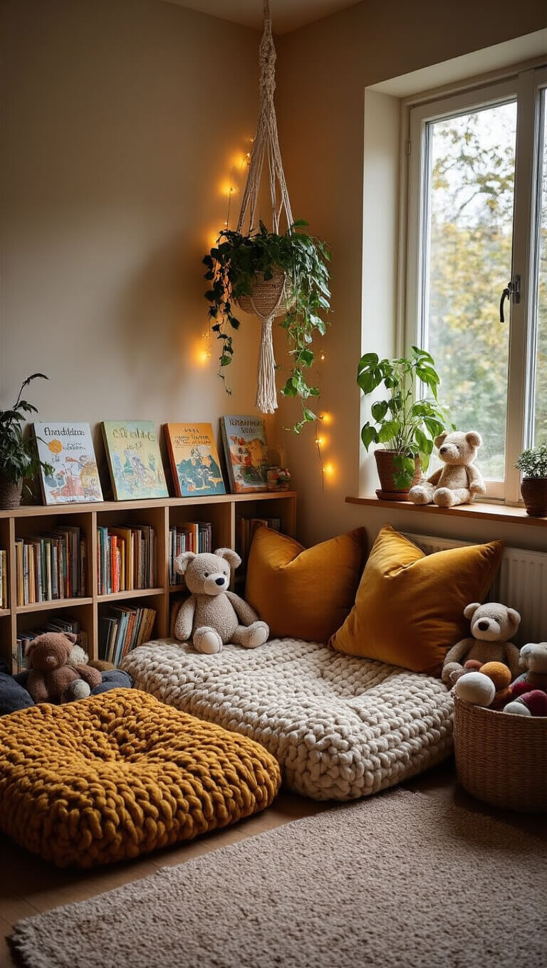 Cozy 8'x8' reading nook at dusk with floor cushions, low bookshelf of children's books, macramé plant hanger, string lights, and stuffed animal basket in warm tones.