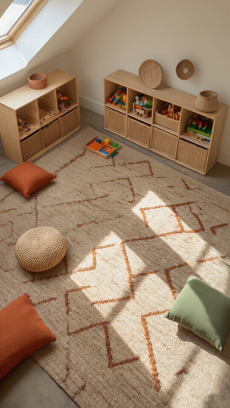 Overhead view of play area with geometric wool rug, natural light casting shadows, open wooden toy boxes, floor pillows, and earthy terracotta and sage tones.