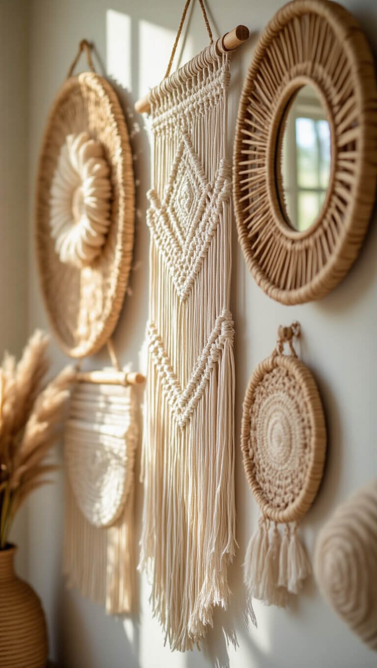 Close-up of layered textile wall art with vintage macramé centerpiece, neutral-toned woven hangings, and rattan mirror reflecting warm afternoon light.