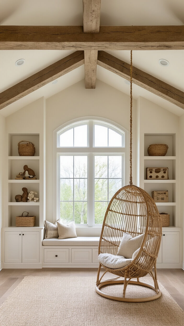 Wide shot of vaulted ceiling with exposed beams, rattan chair by large window, built-in bookshelf with natural decor, and cream walls at blue hour.