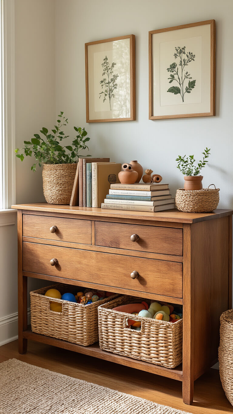Organized storage corner with vintage wooden dresser, books, botanical prints, woven baskets, handmade pottery, and small plants in warm afternoon light.