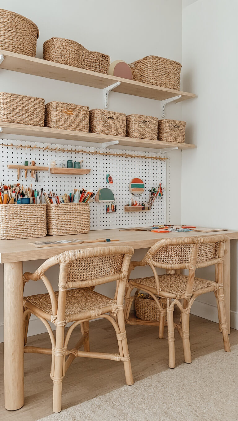 Low-angle view of kids' craft area with wooden table, rattan chairs, open shelves with art supplies, and pegboard organizer against a neutral backdrop with muted rainbow accents.