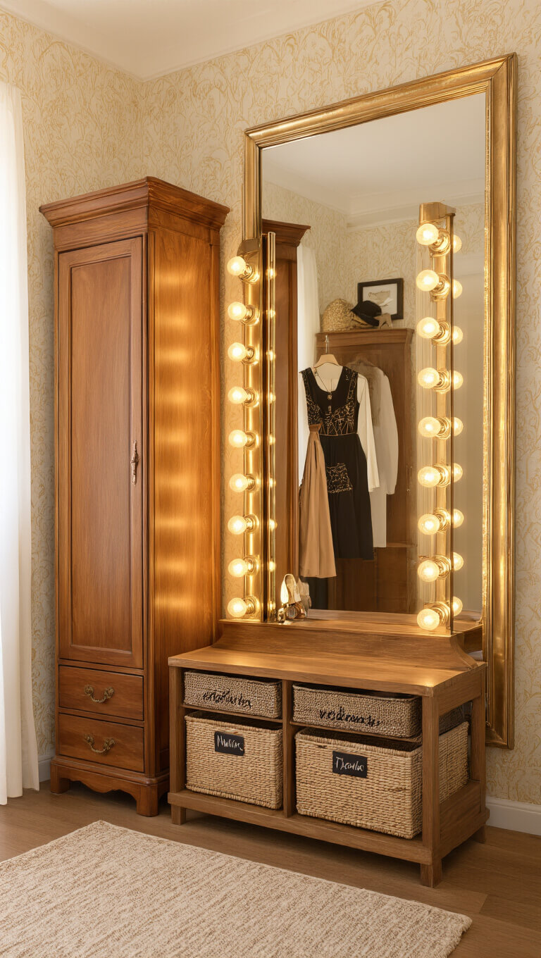 Cozy dress-up station with vintage wardrobe, full-length mirror, and labeled baskets in warm evening light.