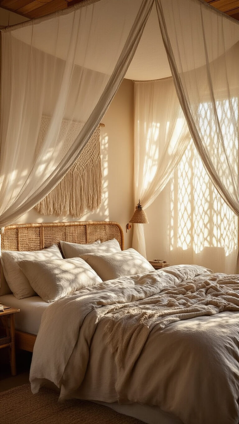 Canopy bed with natural fiber bedding in earth tones, morning light casting macramé shadows, rattan headboard with reading light.