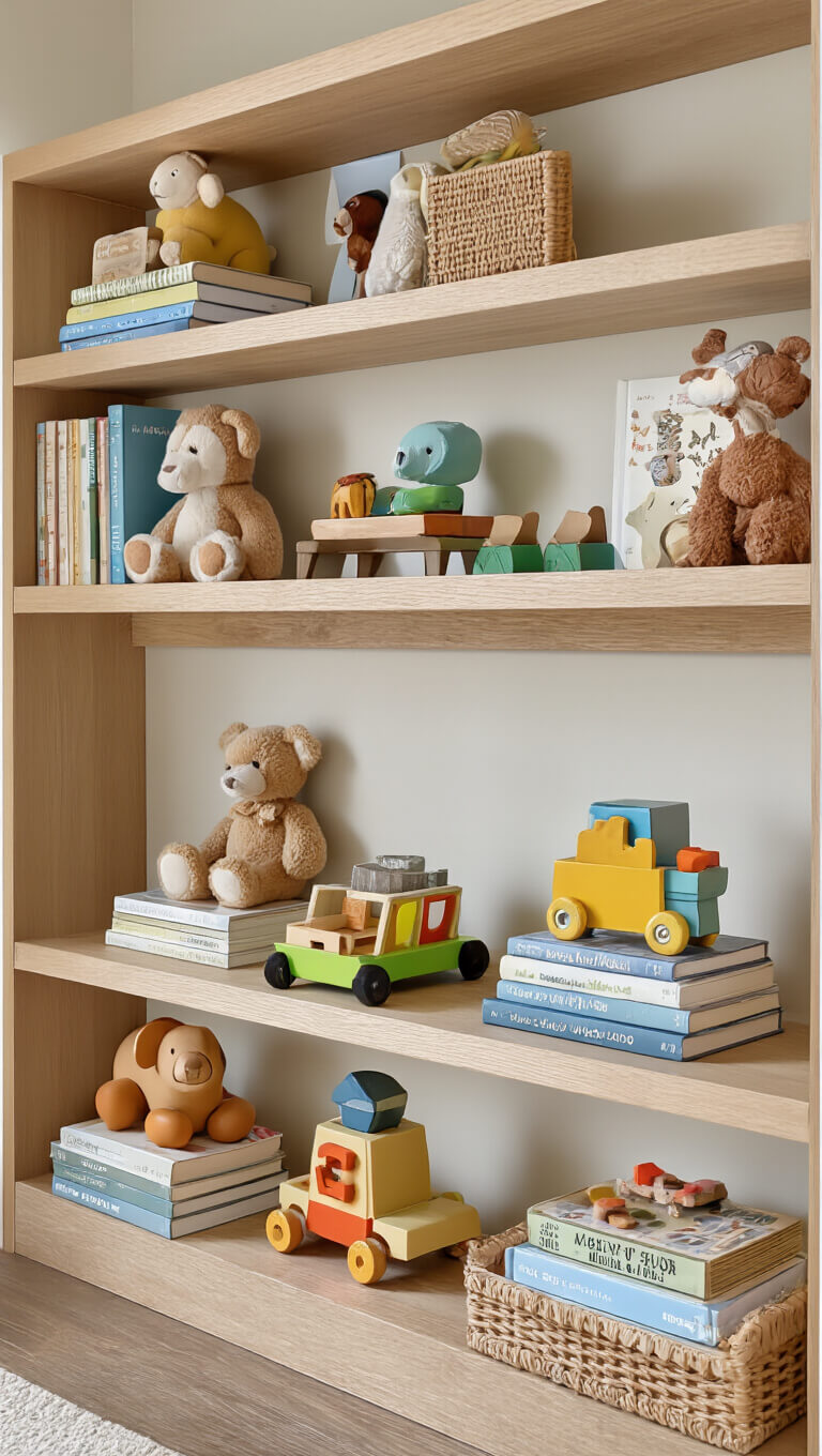 Organized toy display with face-out book ledges and wooden shelves, softly lit by afternoon sunlight, featuring natural textures and muted color accents.