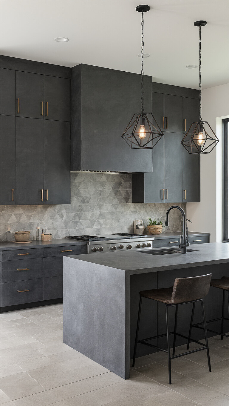 Modern open-concept kitchen with charcoal gray cabinets, concrete countertops, large waterfall island, geometric gray tile backsplash, and blackened steel pendant lights.