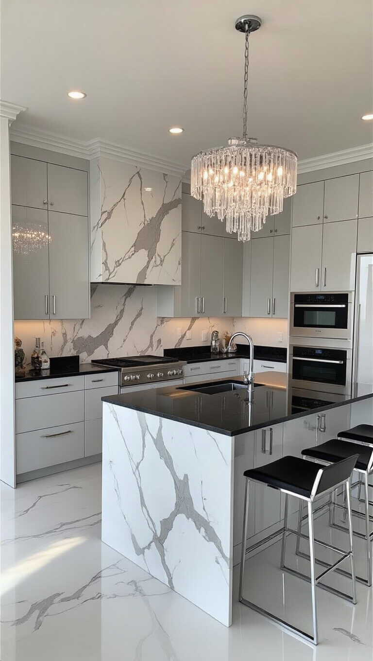 Modern 14x16ft kitchen with glossy gray cabinets, black granite countertops, dramatic marble backsplash, white island under crystal chandelier, and chrome bar stools, shot wide and low at noon.