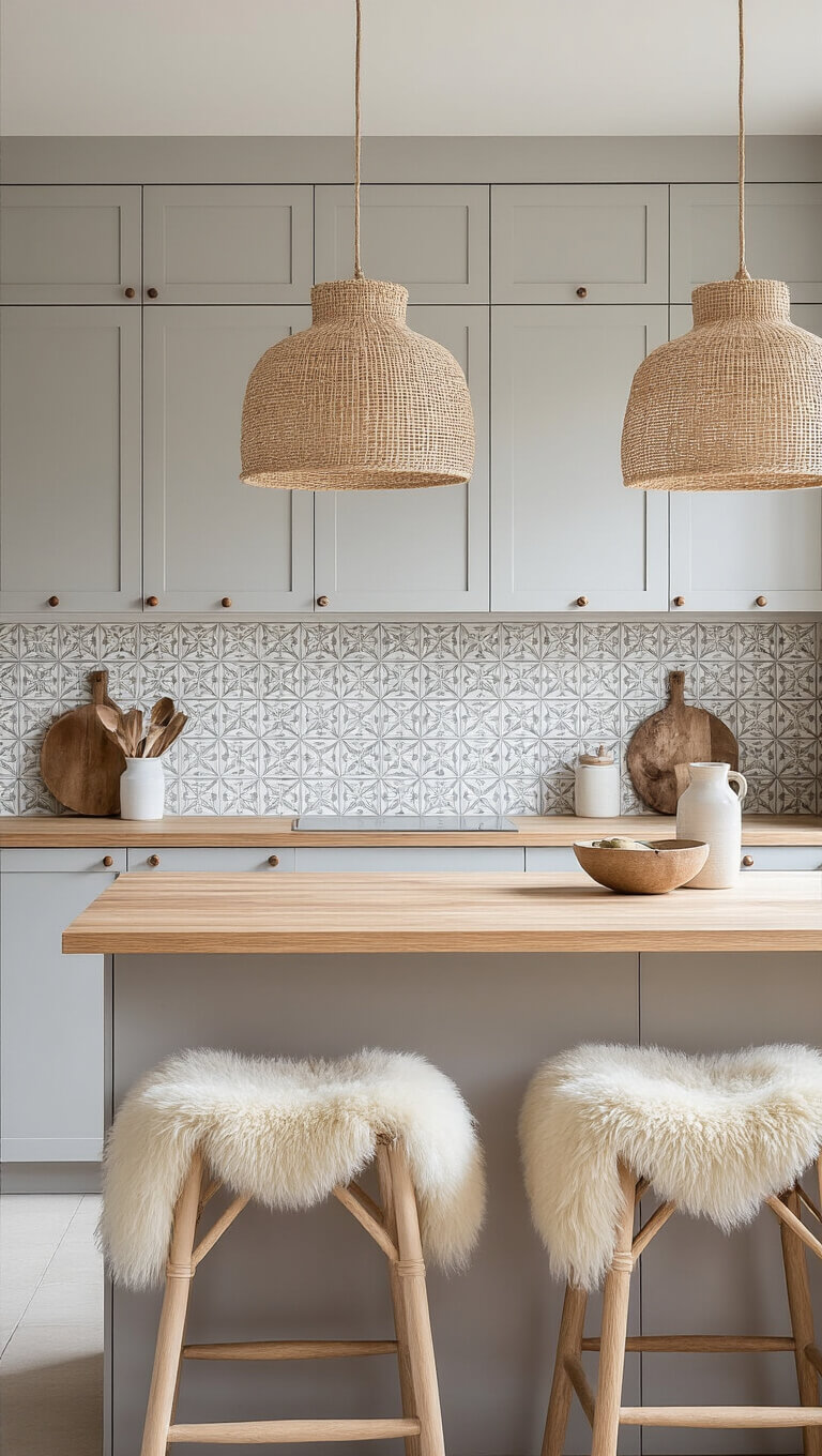Scandinavian kitchen with light gray flat-panel cabinets, bleached oak butcher block counters, geometric tile backsplash, woven pendant lights, and sheepskin-draped wooden barstools.