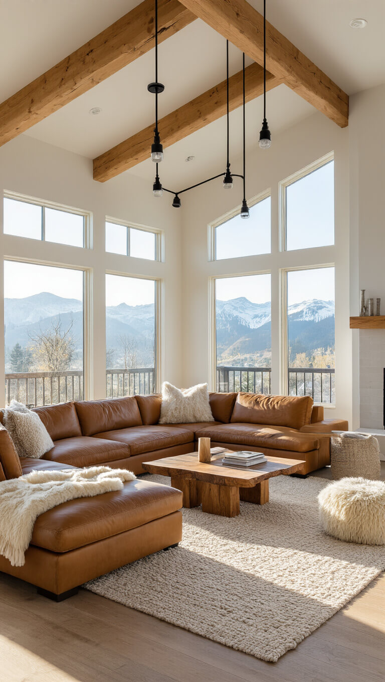 Open-plan living space with exposed Douglas fir beams, cognac leather sectional, live-edge walnut coffee table, and mountain views through floor-to-ceiling windows at golden hour.