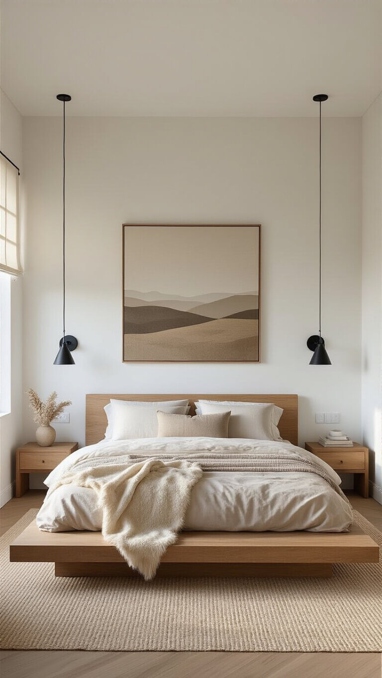 Minimalist oak platform bed in serene 15x18ft bedroom at dawn with sheer blinds, earth-toned abstract art, and layered soft textures.
