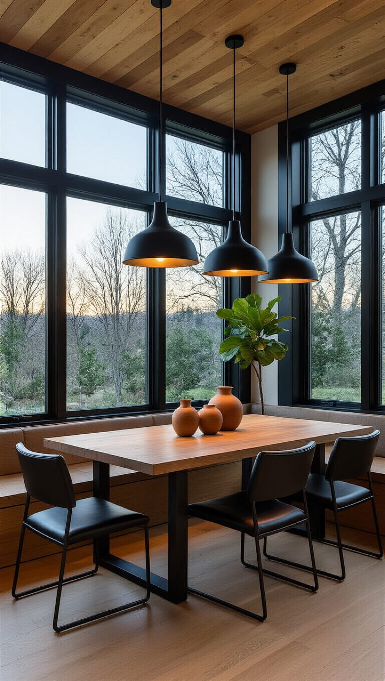 Contemporary dining nook with oak table, black leather chairs, pendant lights, and wood ceiling during blue hour.