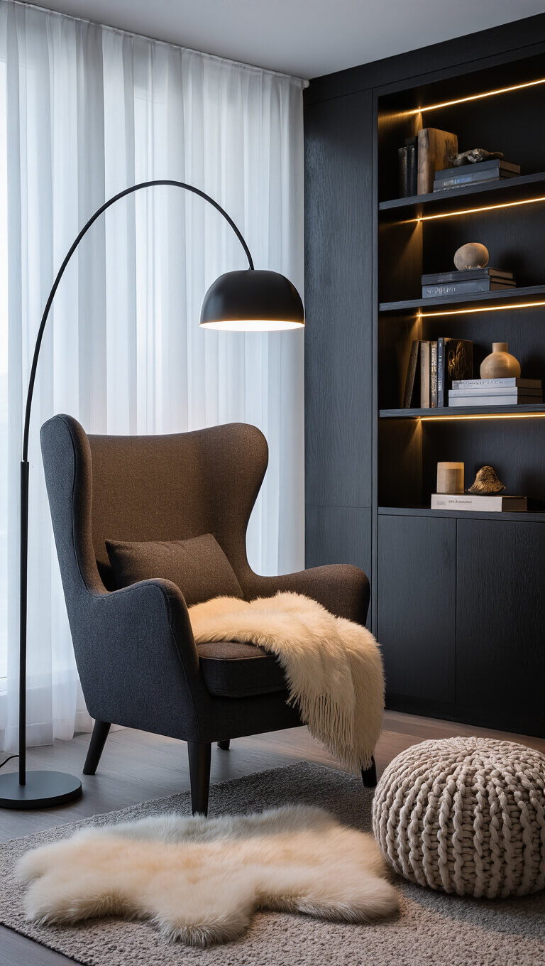Cozy reading corner at dusk with modern wingback chair, arc floor lamp, blackened oak bookshelf, and warm ambient lighting.