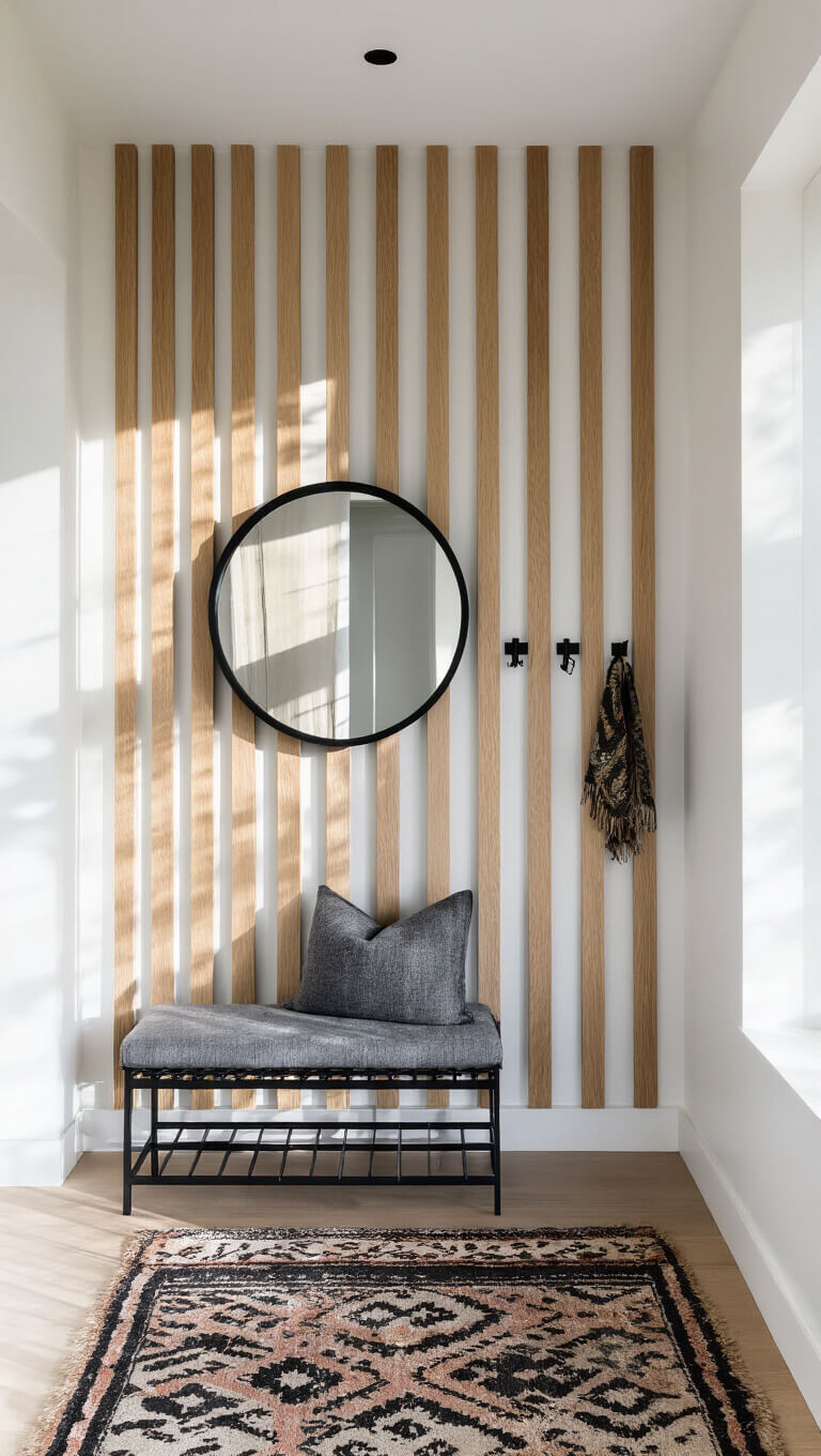 Entryway with white oak vertical slat wall, black bench with grey cushion, round black mirror, matte black hooks, and vintage kilim runner in morning light.