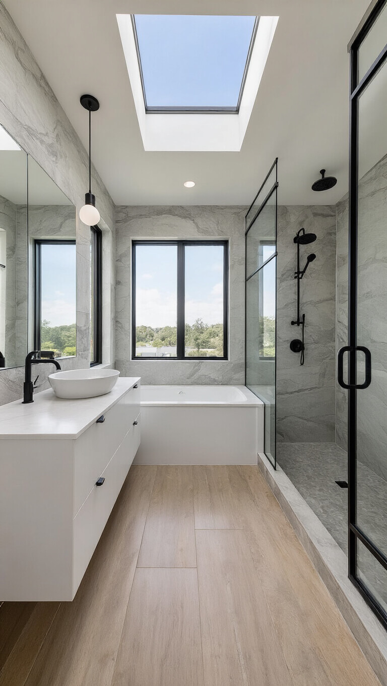 Luxurious 14x16ft primary bathroom with warm grey marble-look tiles, black-framed shower, floating white oak vanity, vessel sink, and skylight lighting.