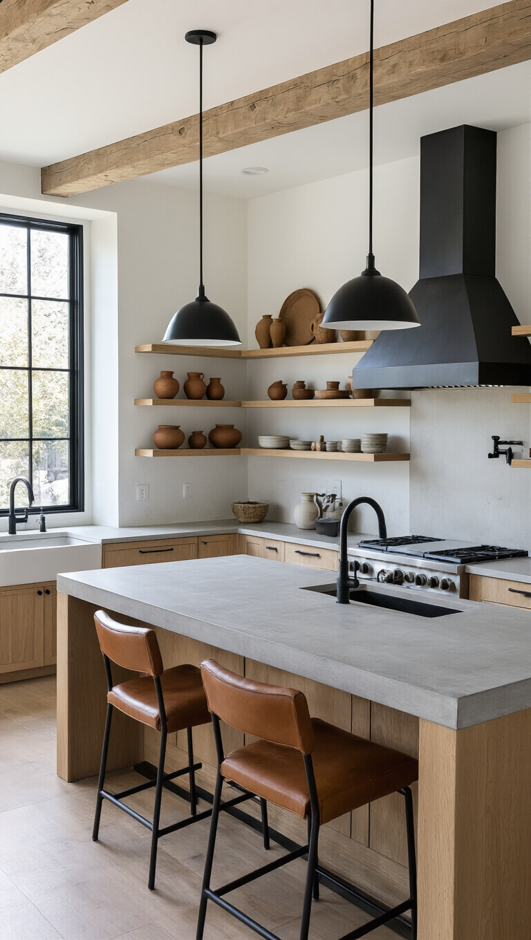 Modern kitchen with white oak cabinets, concrete countertops, black steel shelving, and leather barstools in afternoon light.