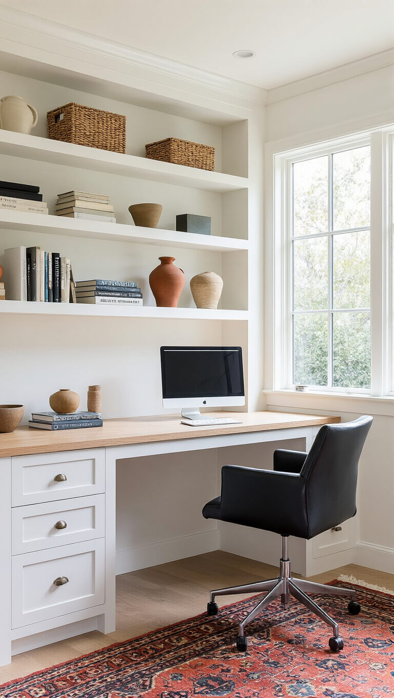 Home office with built-in white oak desk, black leather task chair, open shelves, and vintage rug, lit by morning sunlight.