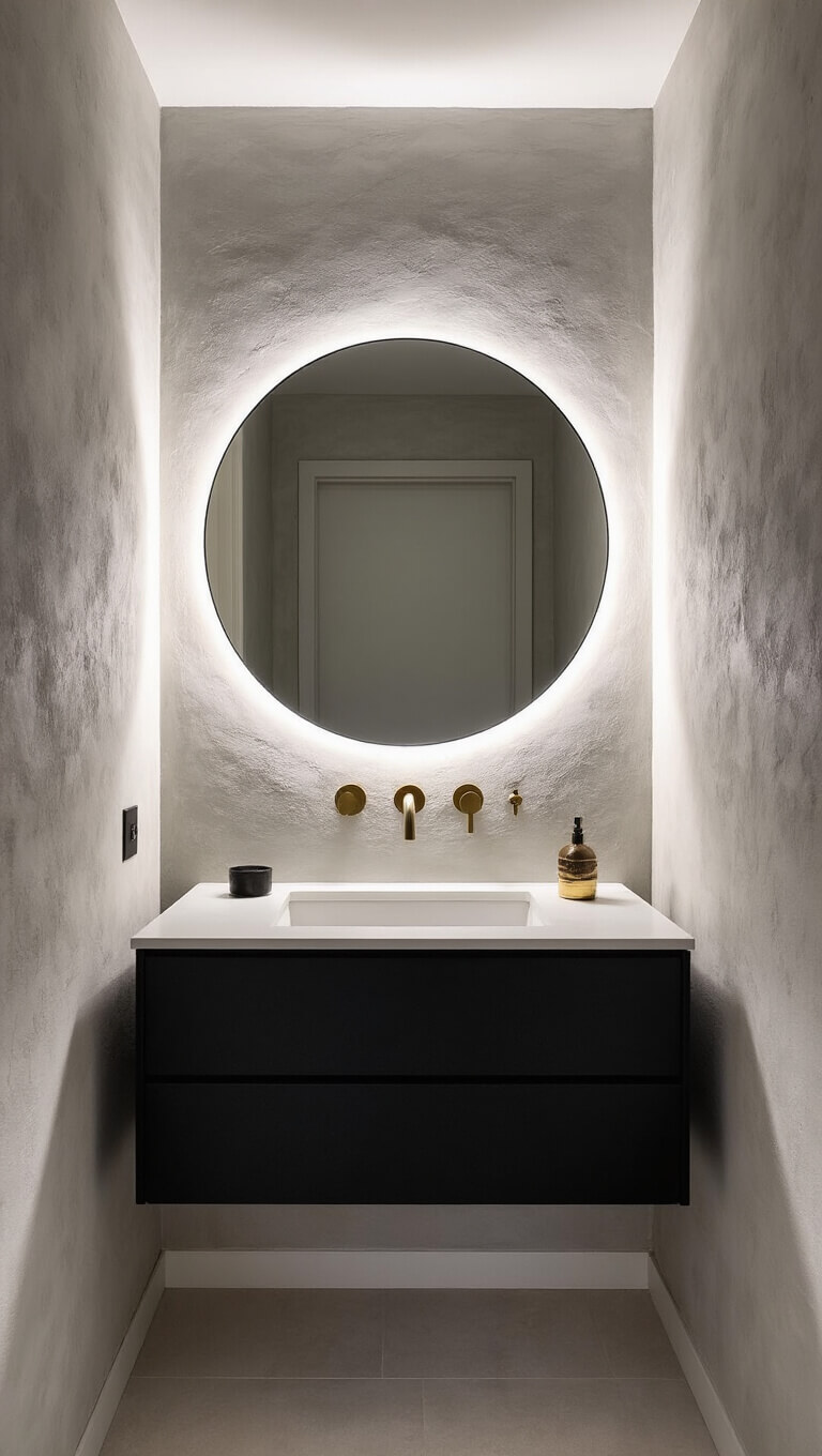 Moody powder room with warm grey plaster walls, floating black vanity, circular backlit mirror, and minimal brass fixtures.