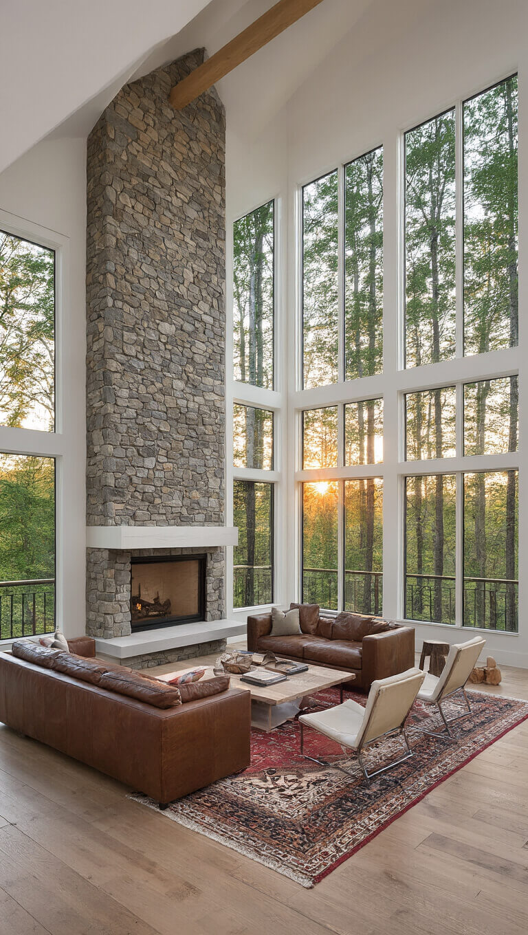 Great room with double-height windows at sunset, showcasing forest views, stone fireplace with white oak mantel, leather sectional, modern chairs, and vintage rug, viewed from mezzanine.