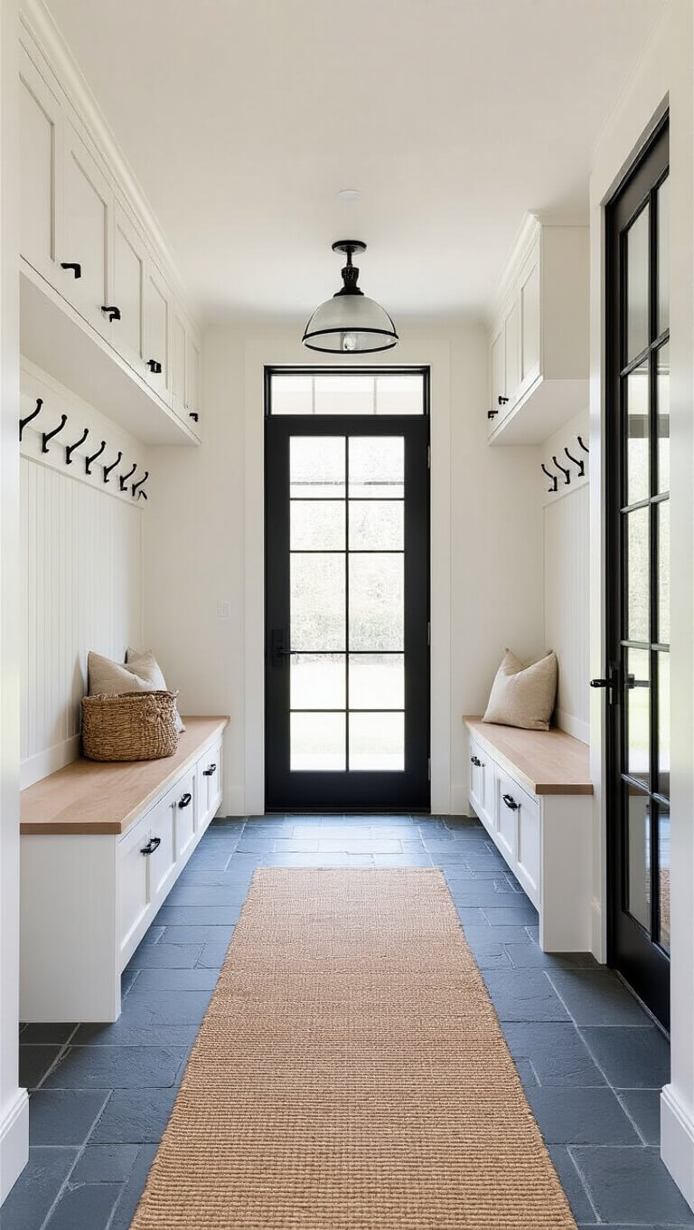 Serene 14x16ft mudroom with white oak built-in lockers, black hooks, bench seating, slate geometric flooring, black metal and glass doors, and natural fiber runner in afternoon light.