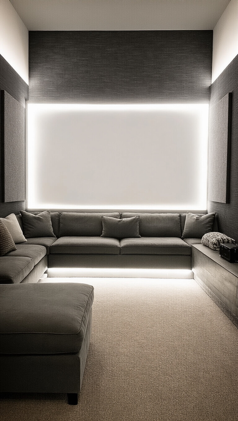 Cozy 12x14ft media room at night with charcoal grasscloth walls, velvet sectional, ambient LED lighting, and grey wool acoustic panels.