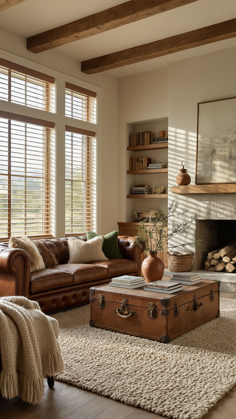 Cozy living room at golden hour with sunlight through wooden blinds, highlighting a leather Chesterfield sofa, stone fireplace, and rustic decor including a vintage trunk coffee table, wool rug, and wooden beam ceiling.