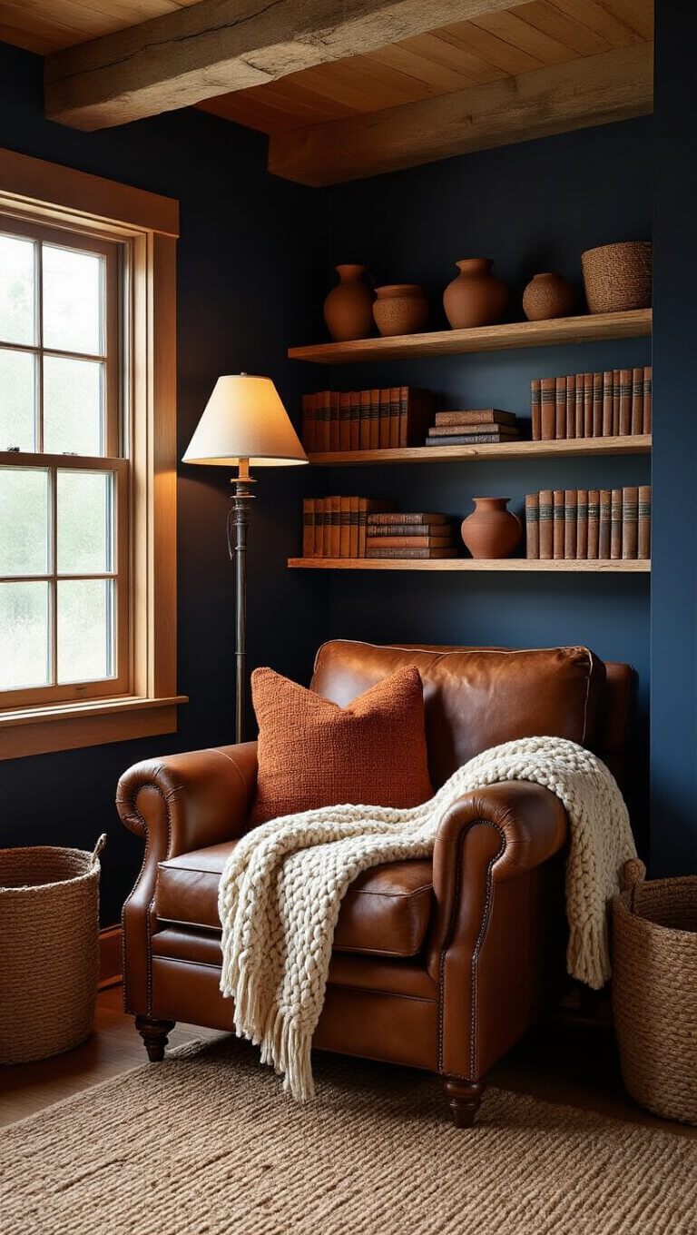 Cozy cabin reading nook with leather armchair, warm lighting, vintage books, and rustic decor in a navy-accented alcove.