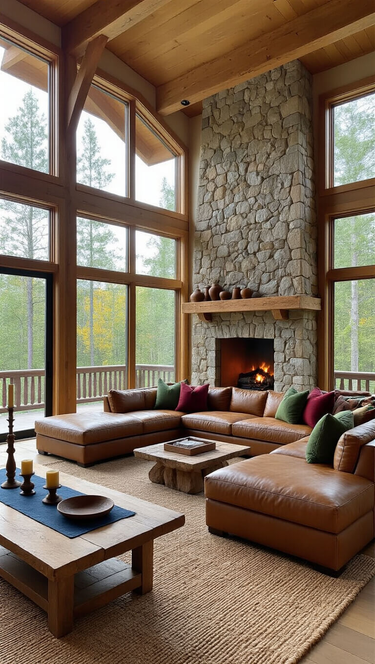 Wide-angle view of sunlit great room with stone fireplace, brown leather sectional, pottery on live-edge table, and pine dining table in background.